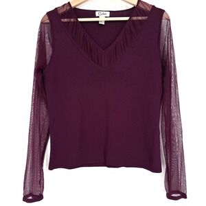 Carducci Mesh Sheer Sleeve Beaded‎ V Neck Long Sleeve Top Sz M